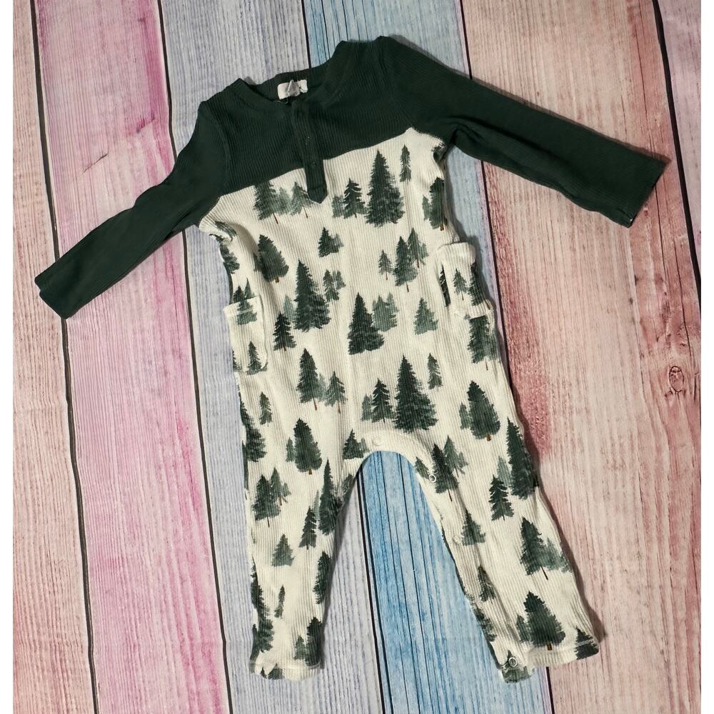 Angel Dear Romper 18–24M Cream Waffle Knit Tree Print Green Long Sleeve EUC
